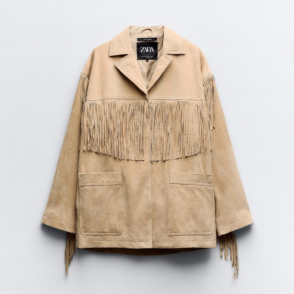 Fringed leather jacket in sand